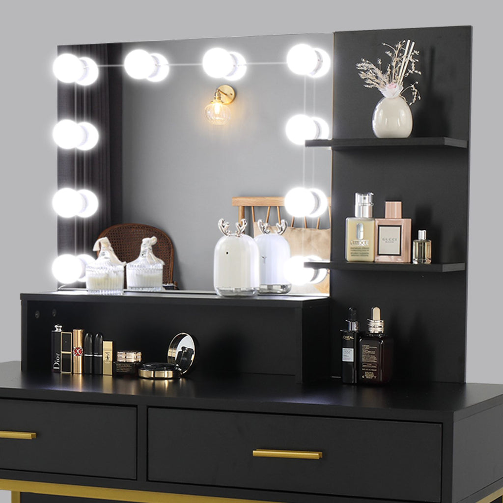 FCH Large Vanity Set with 10 LED Bulbs, Makeup Table with Cushioned Stool, 3 Storage Shelves 2 Drawers, Dressing Table Dresser Desk for Women, Girls, Bedroom, Black