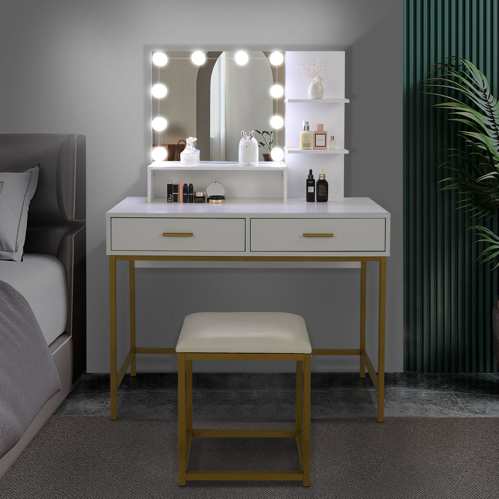 FCH Large Vanity Set with 10 LED Bulbs, Makeup Table with Cushioned Stool, 3 Storage Shelves 2 Drawers, Dressing Table Dresser Desk for Women, Girls, Bedroom, White