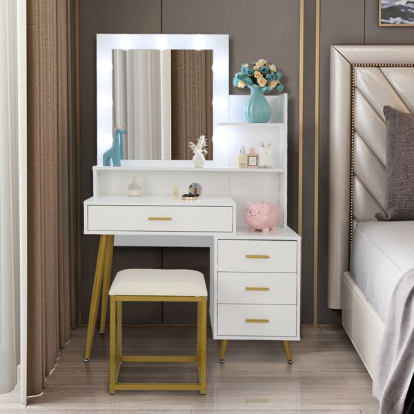 FCH Large Vanity Set with 9 LED Bulbs; Makeup Table with Cushioned Stool; 3 Storage Shelves 4 Drawers; Dressing Table Dresser Desk for Women; Girls; Bedroom; White
