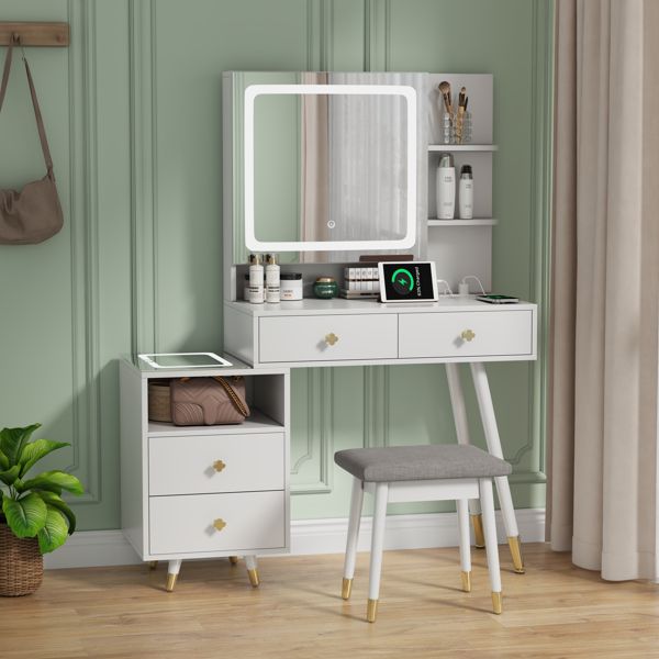 FCH Pitted Particle Board With Melamine Paste, Solid Wood Legs With Copper Sheath Decoration, 4 Drawers, 2-Layer Shelf, Mirror Cabinet With Strips, Led Three-Tone Light Panel, Led Three-Tone Light Mir