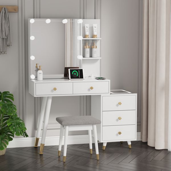 FCH Pitted Particle Board With Triamine Coating, Solid Wood Legs With Copper Sheath Decoration, 5 Drawers, 2-Layer Shelf, Mirror Cabinet With Strips, Led Three-Tone Lighting Panel, Three-Tone Lighting