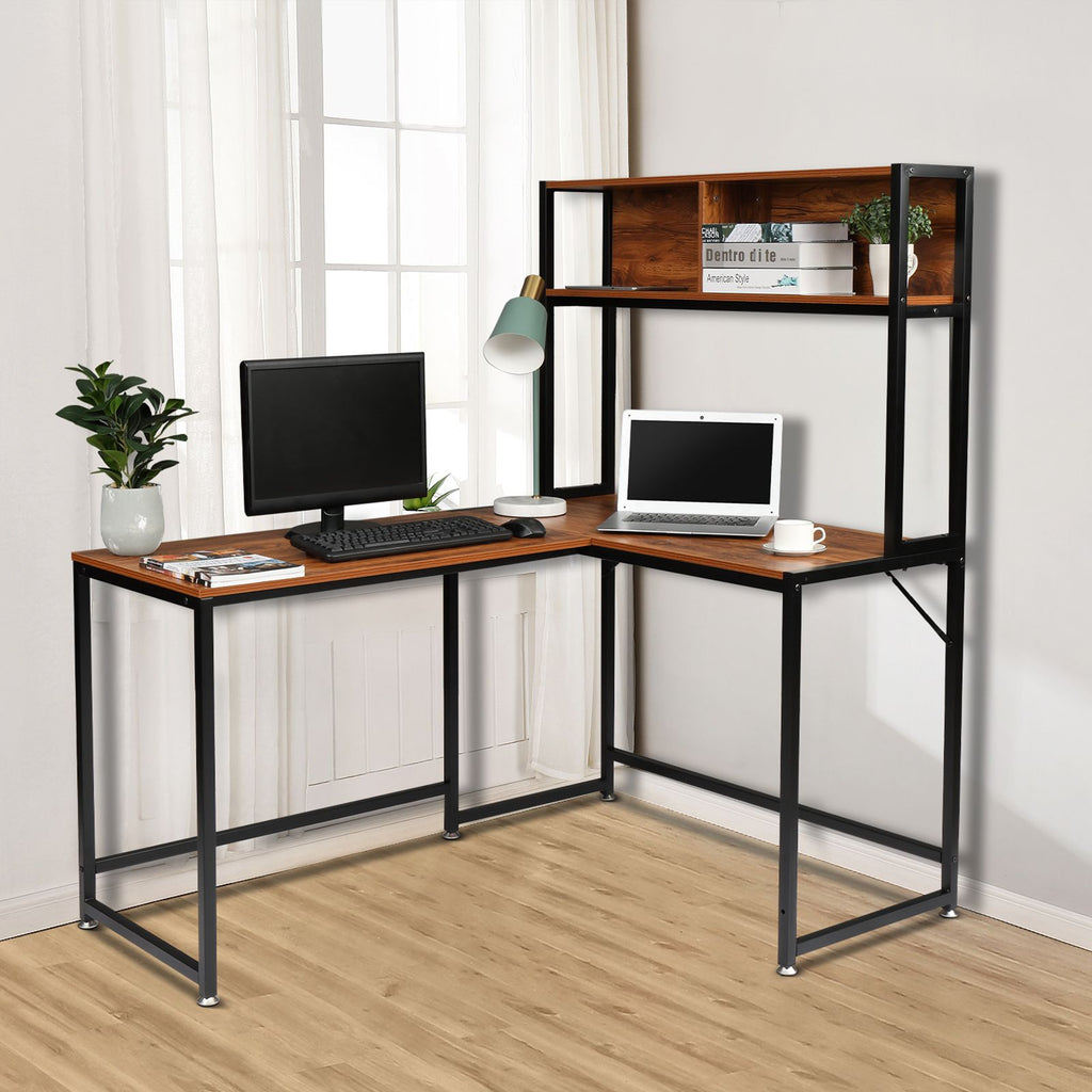 FCH Retro Color Panel, Black Steel Frame Particle Board Pasted With Triamine L-Shaped Right Angle Desk With Shelf Layer Computer Desk RT
