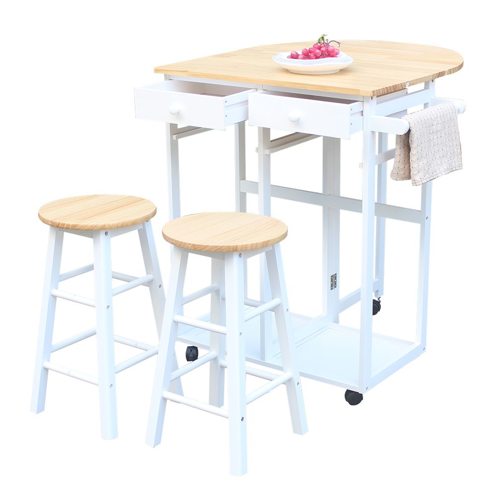 FCH Semicircle Solid Wood Folding Dining Cart with 2 Free Stools White YJ