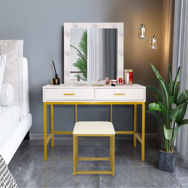 FCH Single Mirror With 2 Drawers And Light Bulbs, Steel Frame Dressing Table White