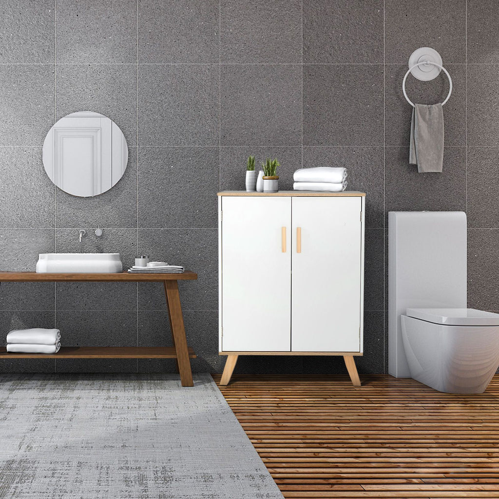 FCH Solid Wood Foot Double Door Bathroom Cabinet White & Wood Grain Color RT