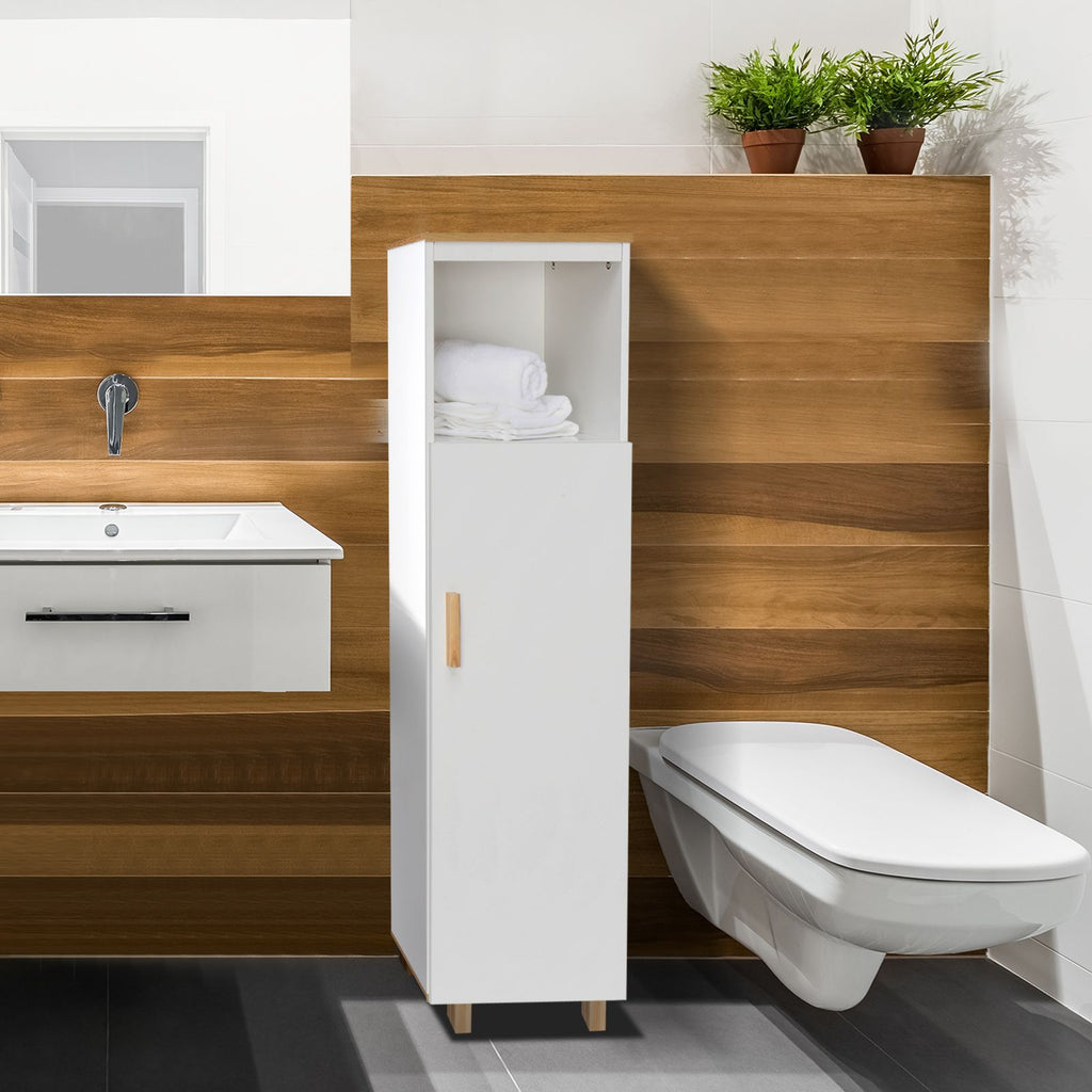 FCH Solid Wood Foot Single Door Bathroom Cabinet White & Wood Grain Color RT