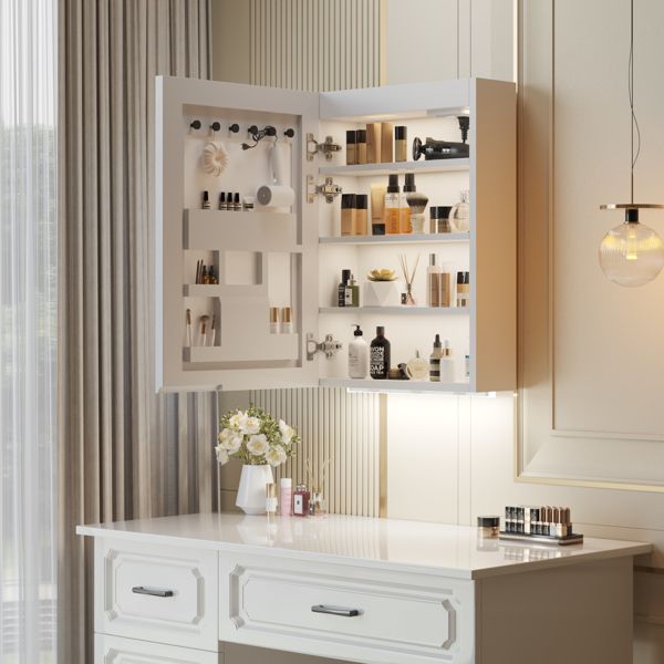 FCH White Particleboard LED Mirror Cabinet (20*28 inches), Acrylic Frame, 1 Door, 4 Shelves, with Time & Temperature Display, Three-color Lighting, Adjustable Brightness, Power-off Memory, 2 Plugs & 2