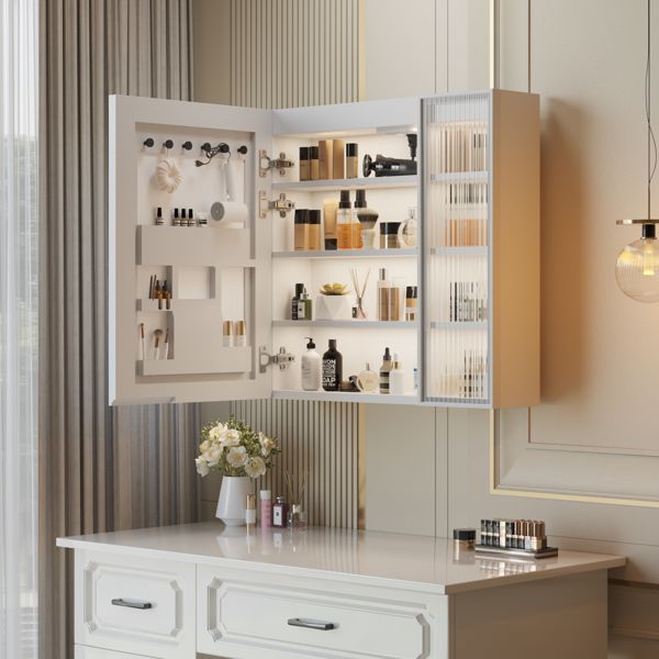 FCH White Particleboard LED Mirror Cabinet (20+8.5*28 inches), LED Mirror Cabinet with 1 Glass Mirror Door, 1 Changhong Glass Door, 8-Layer Shelves, Time & Temperature Display, Three-Tone Lighting, Ad
