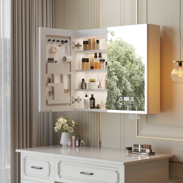 FCH White Particleboard LED Mirror Cabinet (32*28 inches), Acrylic Frame, Double Doors, 7 Shelves, with Time & Temperature, Three-tone Lighting, Adjustable Brightness, Power-off Memory, Defogging, 2 I