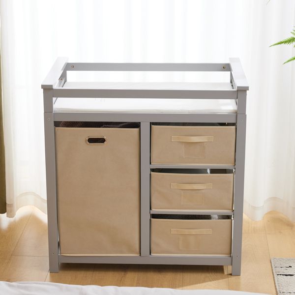 FCH Wooden Frame Removable Top Gray Painted Pine Children's Cot with 3 Fabric Drawers + 1 Fabric Bag