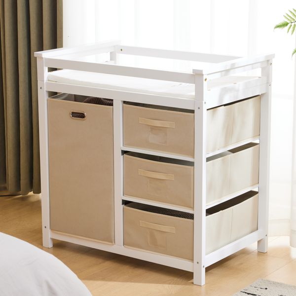 FCH Wooden Frame Removable Top White Painted Pine Children's Cot with 3 Fabric Drawers + 1 Fabric Bag
