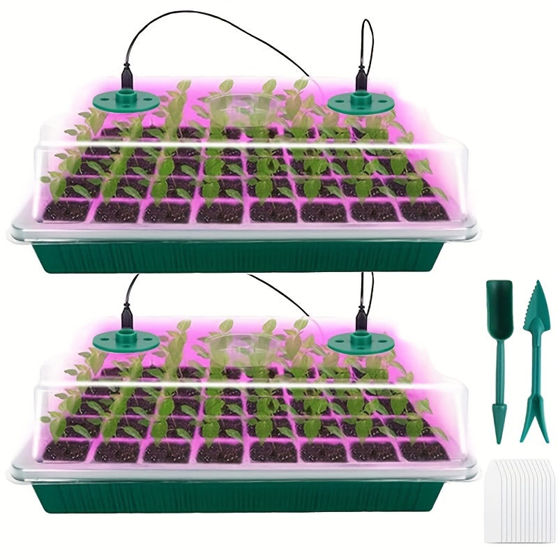 Seed Starter Trays with Grow Lights, 2pcs Mini-Propagator Plant Greenhouse Growing Kit with 8 Full Spectrum LED Beads for Indoor Plants with Moisture Permeable Dome and Base for Seed Starting (40 cells per tray, 80 cells tota