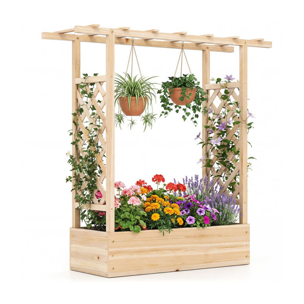 Fir Wood Raised Garden Bed with Side Trellis, 109.22×35.56×114.30 cm Planter Box with Drainage Holes-Natural