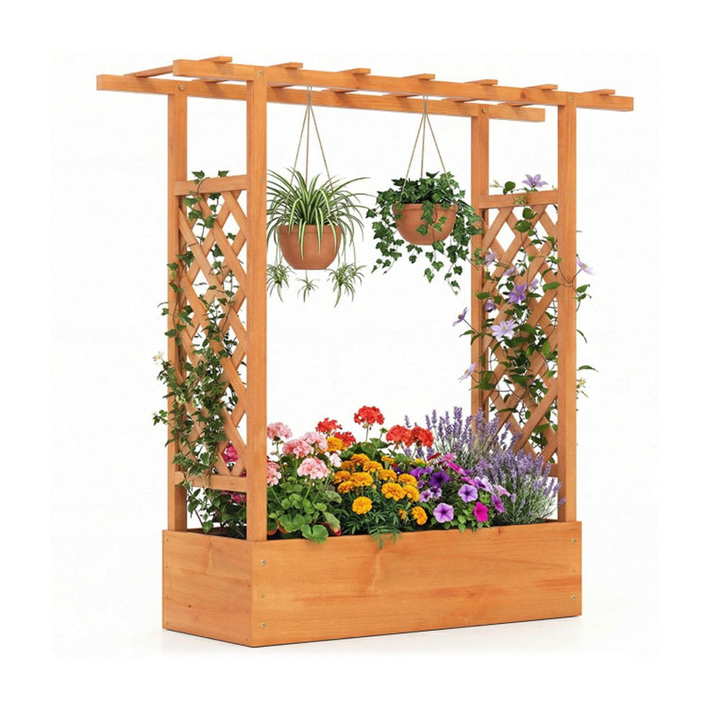 Fir Wood Raised Garden Bed with Side Trellis, 109.22×35.56×114.30 cm Planter Box with Drainage Holes-Orange