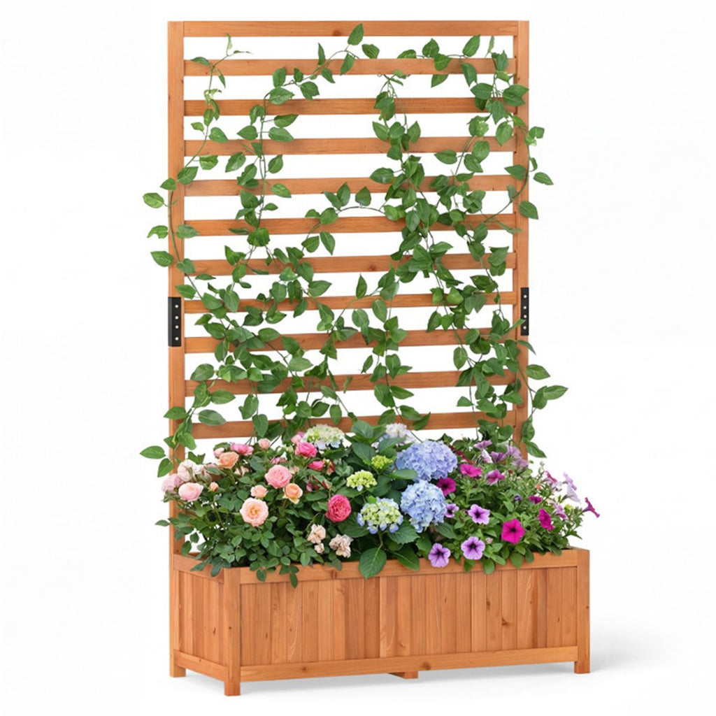 Fir Wood Raised Garden Bed with Trellis, 91.44×35.56×149.86 cm Orange Planter Box with Drainage Liner, 88 lbs Capacity for Climbing Plants