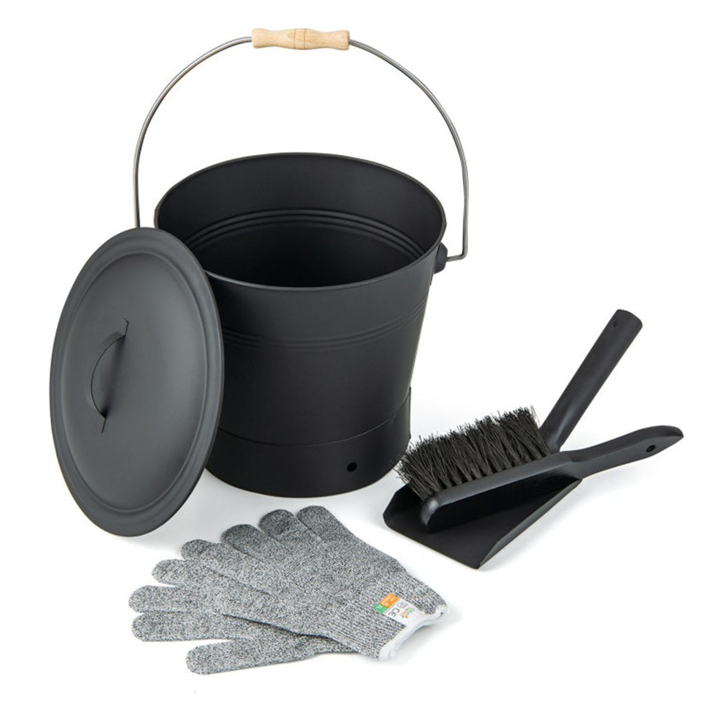 Fireplace Ash Cleaning Set, Ash Bucket + Shovel + Brush + Cut-Resistant Gloves (Level 5), Easy to Clean & Carry