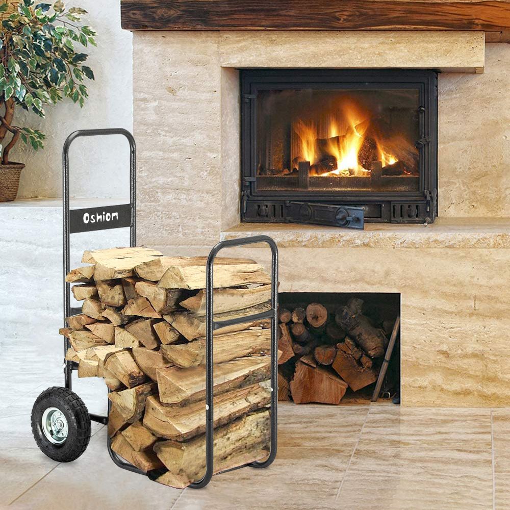 Firewood Cart 220LBS with Large Wheels, Fireplace Log Rolling Caddy Hauler, Wood Mover Outdoor Indoor Storage Holder Rack, Heavy Duty