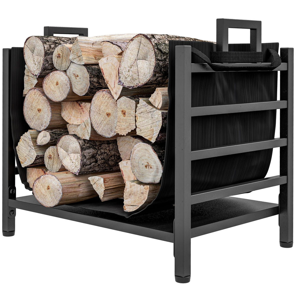 Firewood Rack, Indoor Outdoor Wood Storage Log Holder with Log Carrier, Handles, 19.3" x 13.4" x 17.3", Black