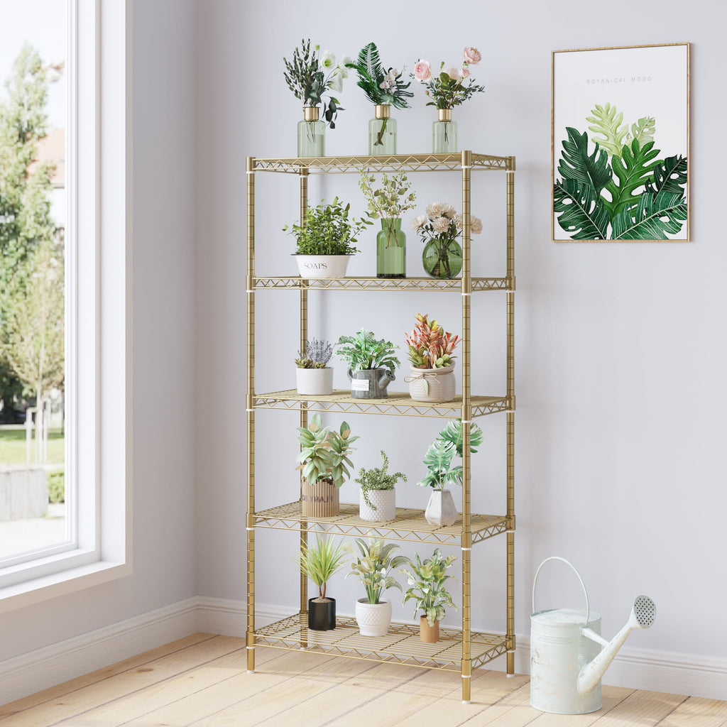 five-layer display stand without wheels with adjustable feet, free adjustment of layer spacing, iron 74*34*150cm, high gloss gold