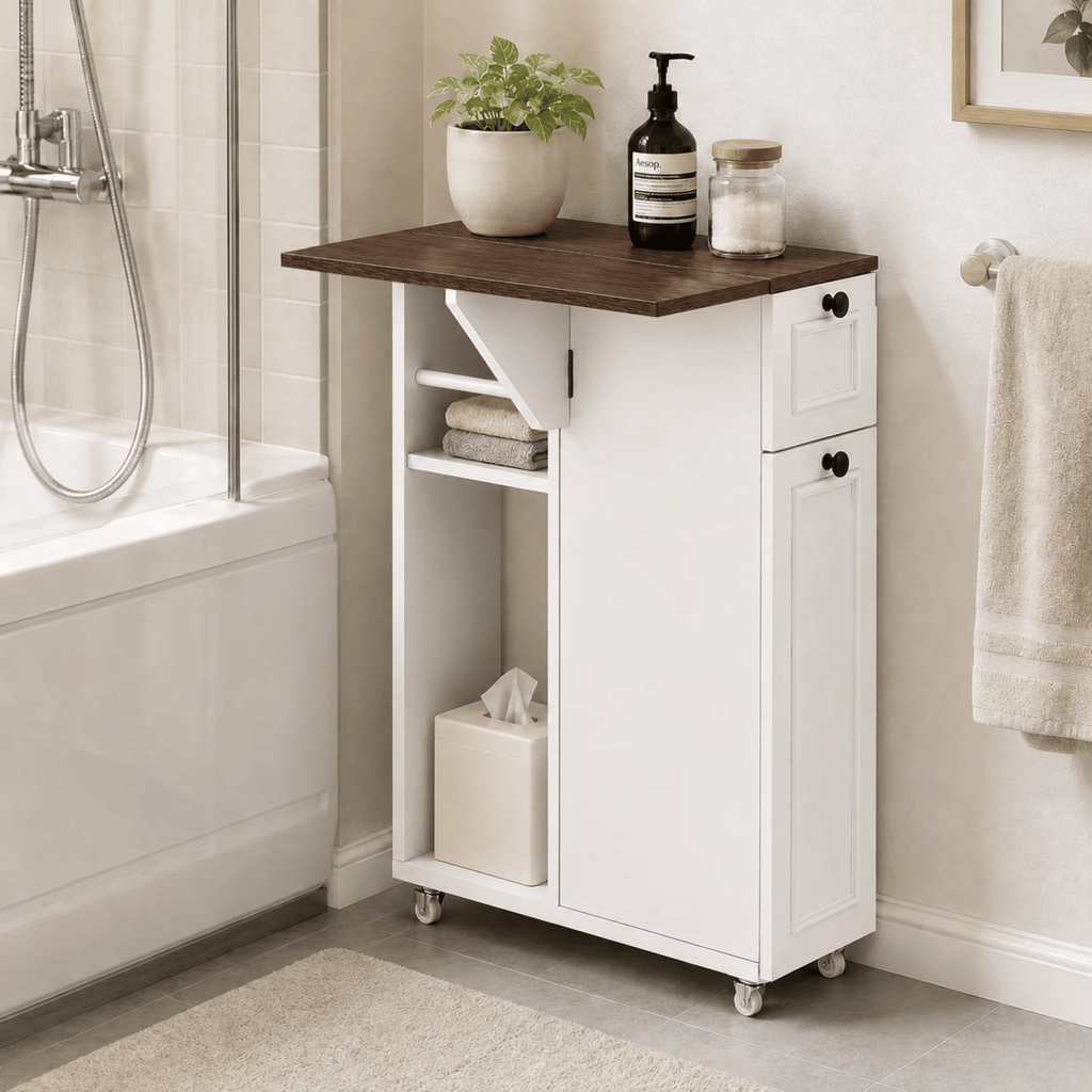 Flip-Top Narrow BathroomStorageCabinet with Rolling Wheels,Slim SideTableBathroomOrganizeCabinetforSmall Spaces,White