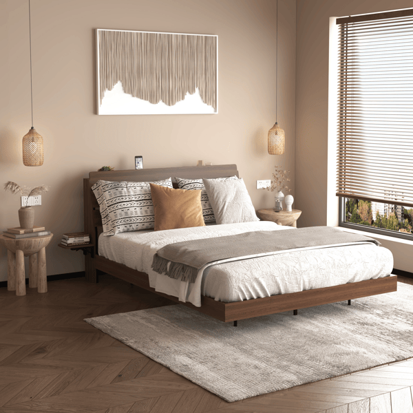 Floating Bed Frame Queen with Led Lights and Charging Station, Wood Queen Size Bed Frame with Storage Headboard, No Box Spring Needed, Easy Assembly,Walnut