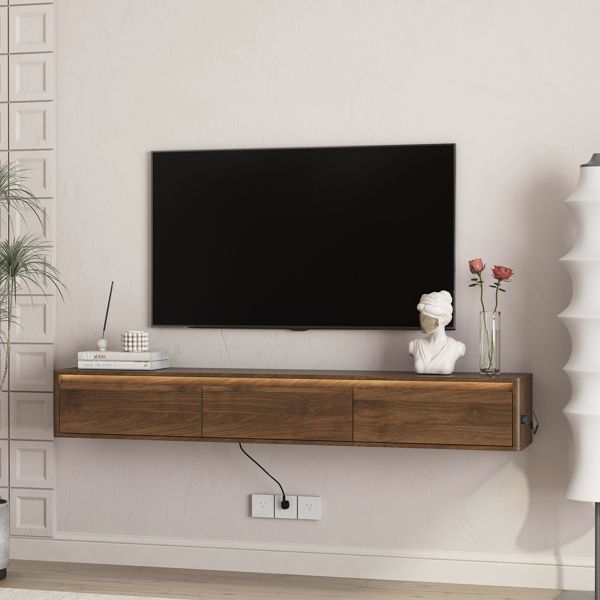 Floating TV Stand, Wall Mounted TV Shelf with Led Lights & Power Outlet,High Gloss TV Cabinet for Wood tv Stands for Living Room