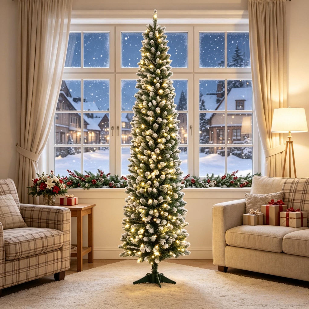 Flocked 7ft Prelit Christmas Tree Dual Color LEDs Slim Xmas Tree with Remote 11 Modes