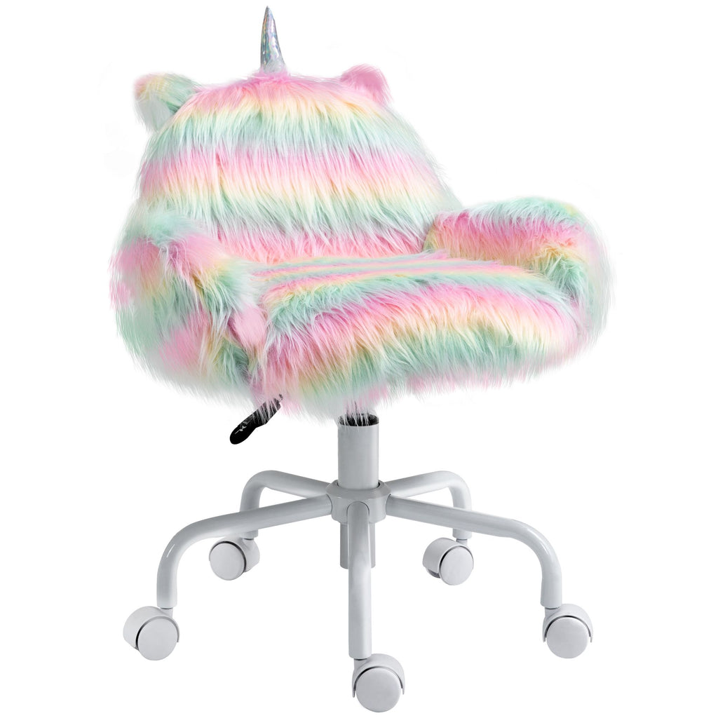 Fluffy Unicorn Vanity Office Chair with Rainbow Swivel Mid-Back Armrest and Nylon Casters Colorful