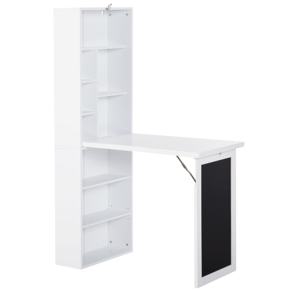 Fold Down Convertible Writing Table, Folding Desk With Blackboard & Side Shelf, Multi-Function Computer Office Workstation, White