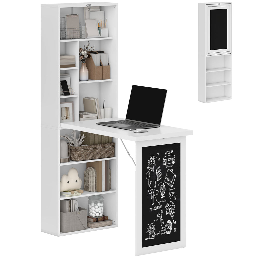 Fold-out Convertible Office Desk, Wall Mount Computer Desk with Blackboard and Side Shelf, White