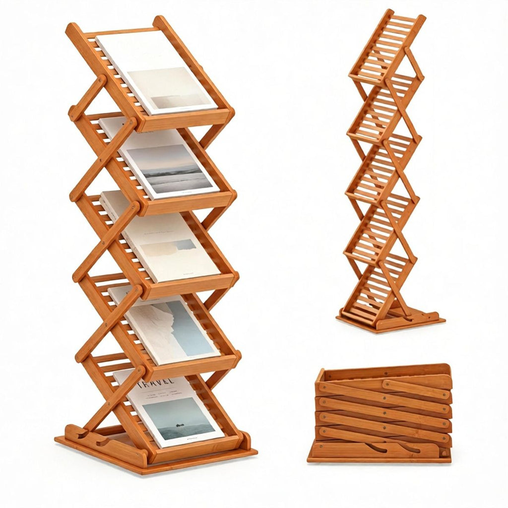 Foldable Bamboo Magazine Rack Brochure Display Stand with 5 Storage Pockets, 2 Adjustable Heights Pop-Up Design Anti-Slip Foot Pads Freestanding Floor Literature Holder Walnut Finish