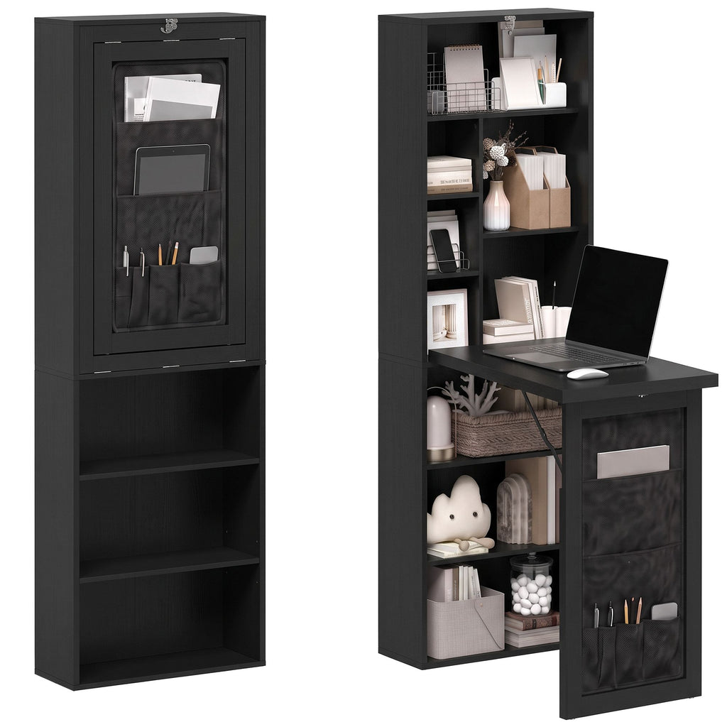 Foldable Convertible Writing Table with Storage Shelves, Bag, Wall-Mounted Space-Saving Computer Desk, Black