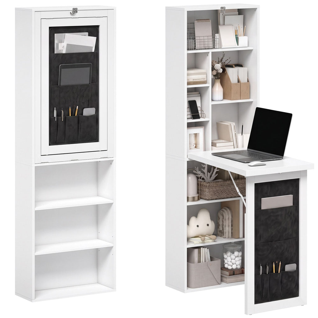 Foldable Convertible Writing Table with Storage Shelves, Bag, Wall-Mounted Space-Saving Computer Desk, White