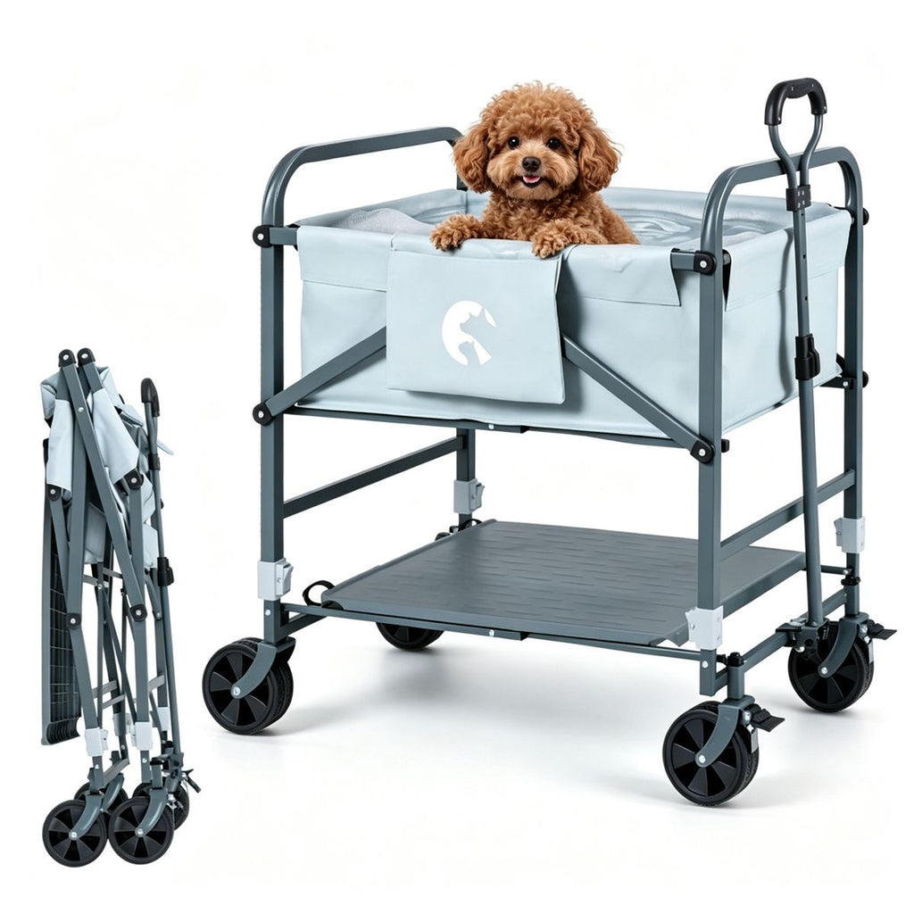 Foldable Dog Bath Cart, 4-Level Height Adjustable Pet Washing Station with Brake Wheels & Adjustable Pull Handle, Detachable Care Board Mobile Pet Bathtub for Small Medium Dogs