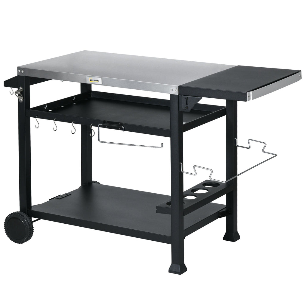 Foldable Grill Cart Table, 3-Shelf Outdoor Kitchen Island on Wheels for BBQ & Pizza Oven, Black