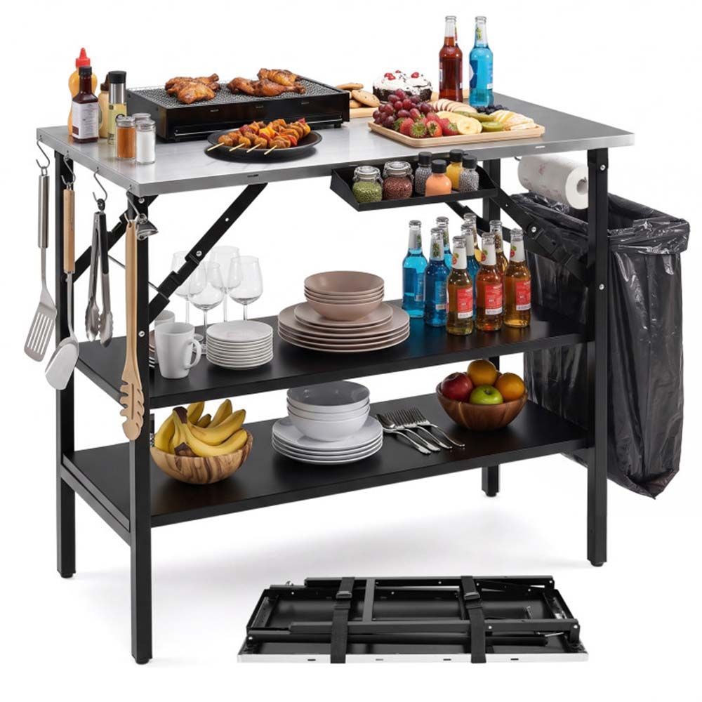 Foldable Outdoor Cook Station with Removable Shelves & Trash Bag Holder for Camping