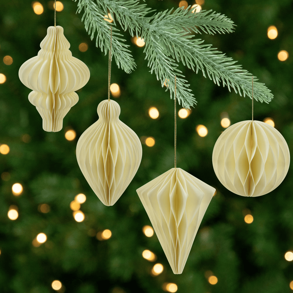 Foldable Paper Honeycomb Christmas Finial Ornaments - 4" - Cream - Setof4