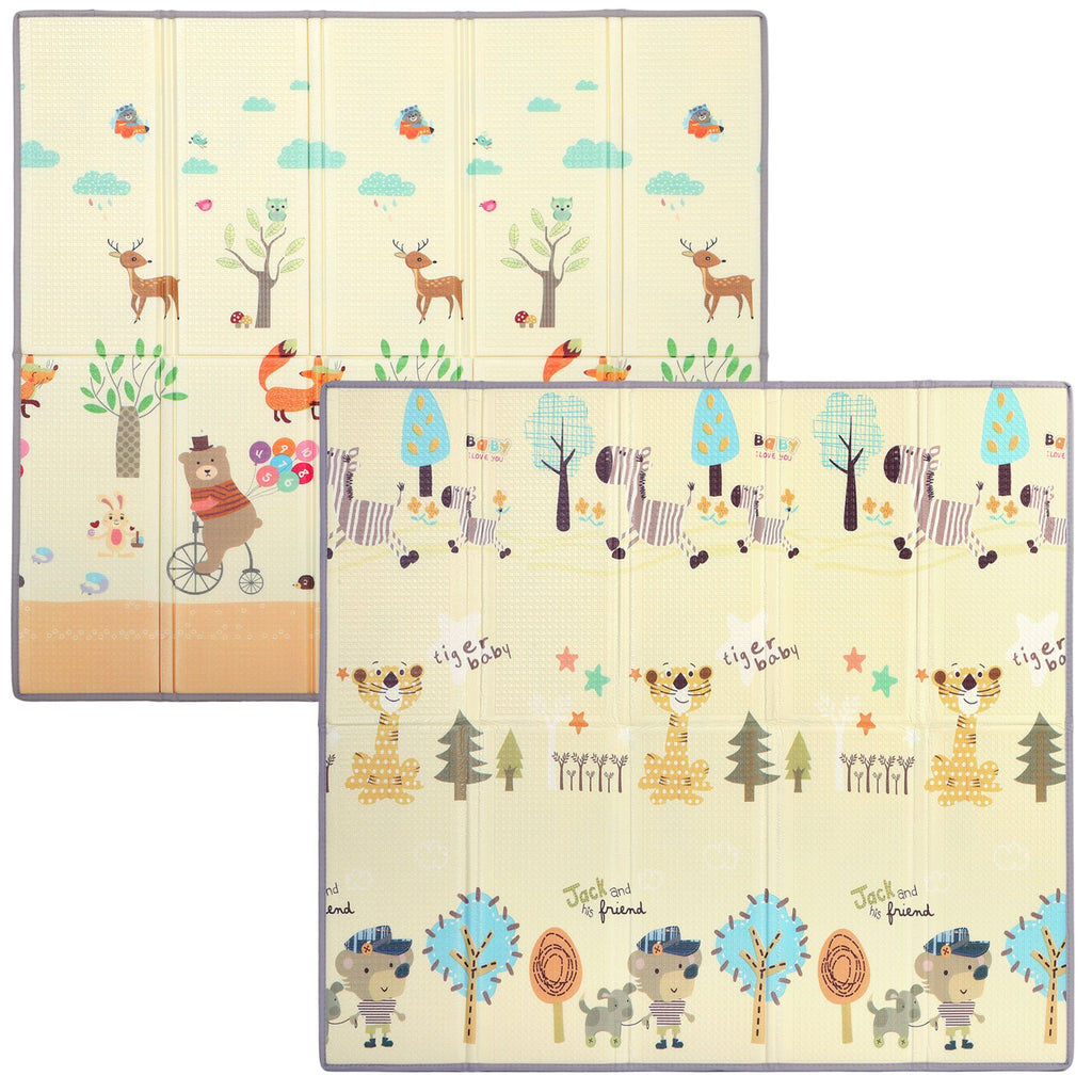 Foldable & Reversible Baby Play Mat, 79" x 71"Thick Play Mat for Floor, Waterproof Non-Slip, Forest Animals
