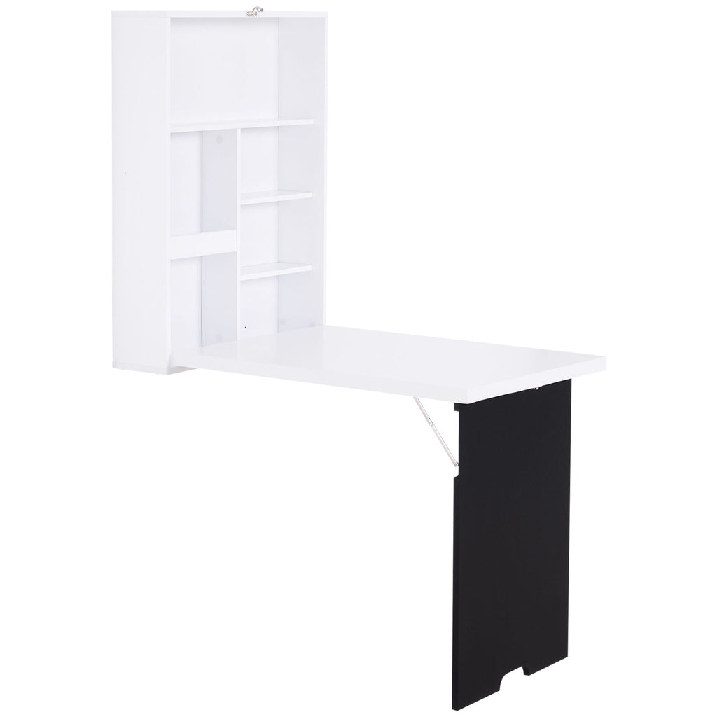 Foldable Wall Desk with Blackboard, Fold Out Convertible Floating Desk with Shelves, White