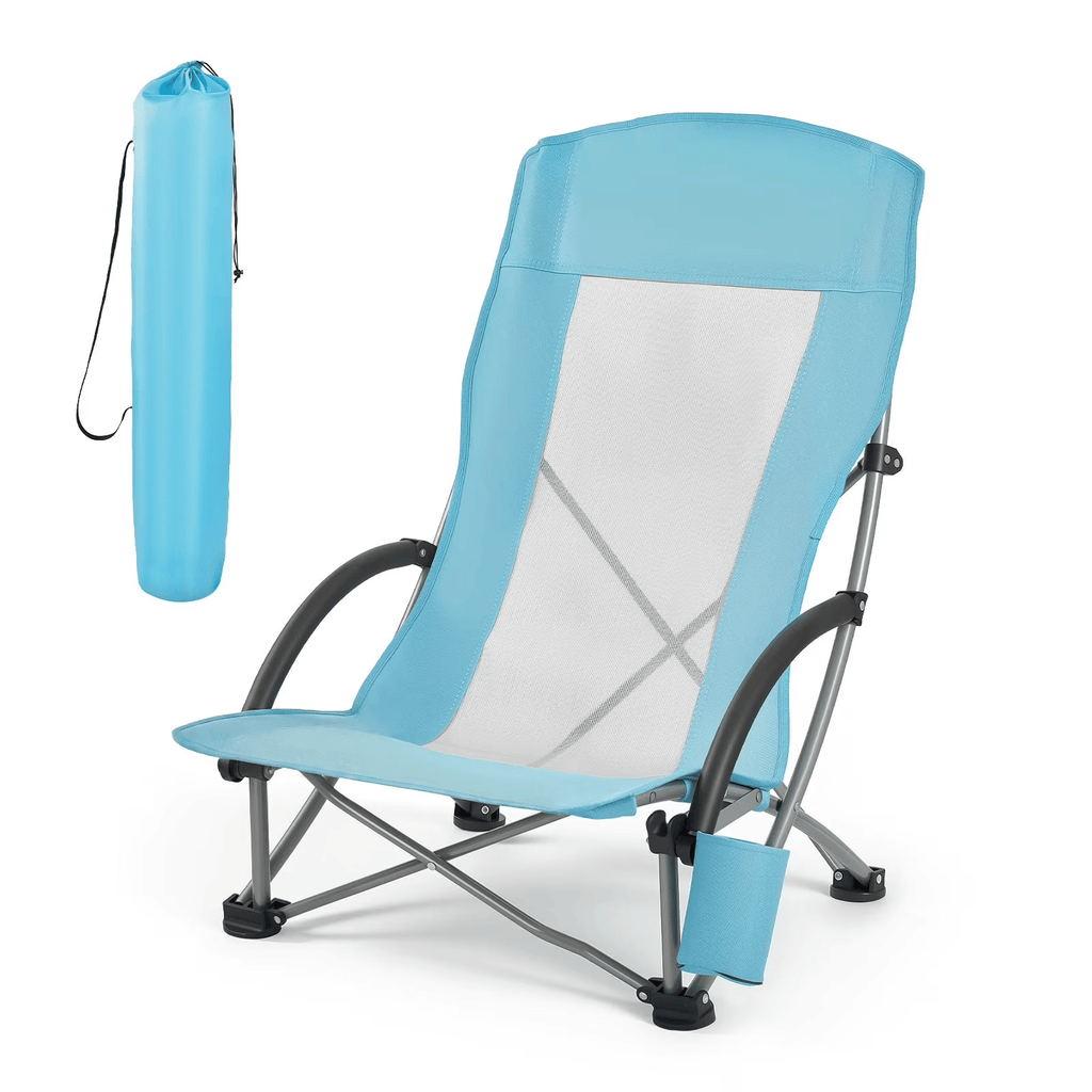 Folding Beach Chair with High Back, Portable Camping ChairforAdults, Includes Cup Holder, Mesh Backrest, Carry Bag, Extra-Wide Seat, Supports Up to 330 lbs, Light Blue