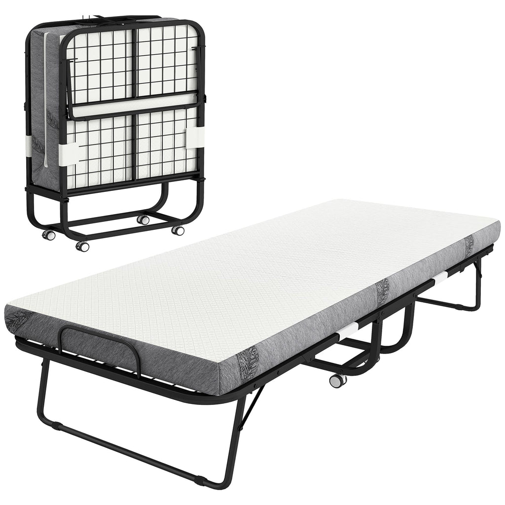 Folding Bed with Mattress for Adults, Twin Size, Portable Foldable Bed with Super Strong Steel Frame, 78.75" x 35.5", Fold Up, Roll Away & Hideaway, White