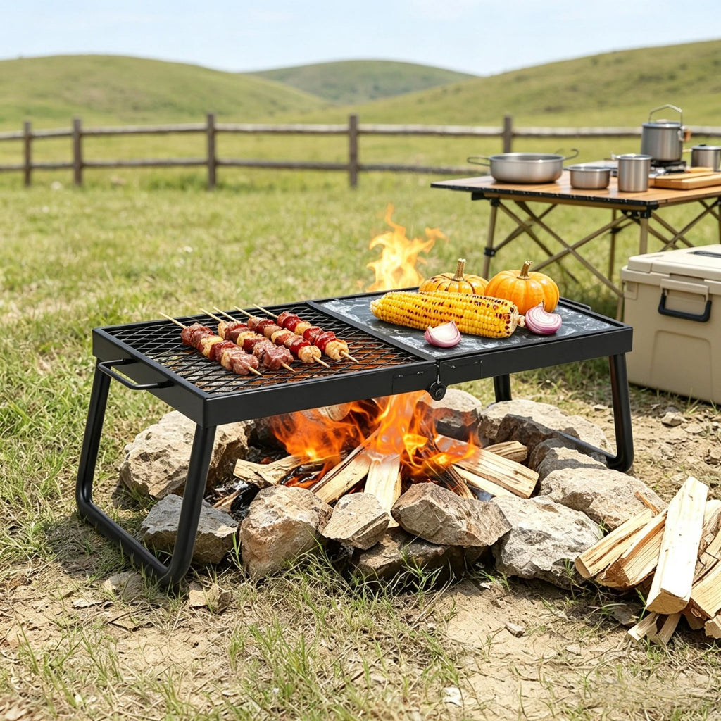 Folding Campfire Grill, 22.4" Portable Camping Grates Over Fire Pit, Camp Fire Cooking Equipment with Legs Carrying Bag