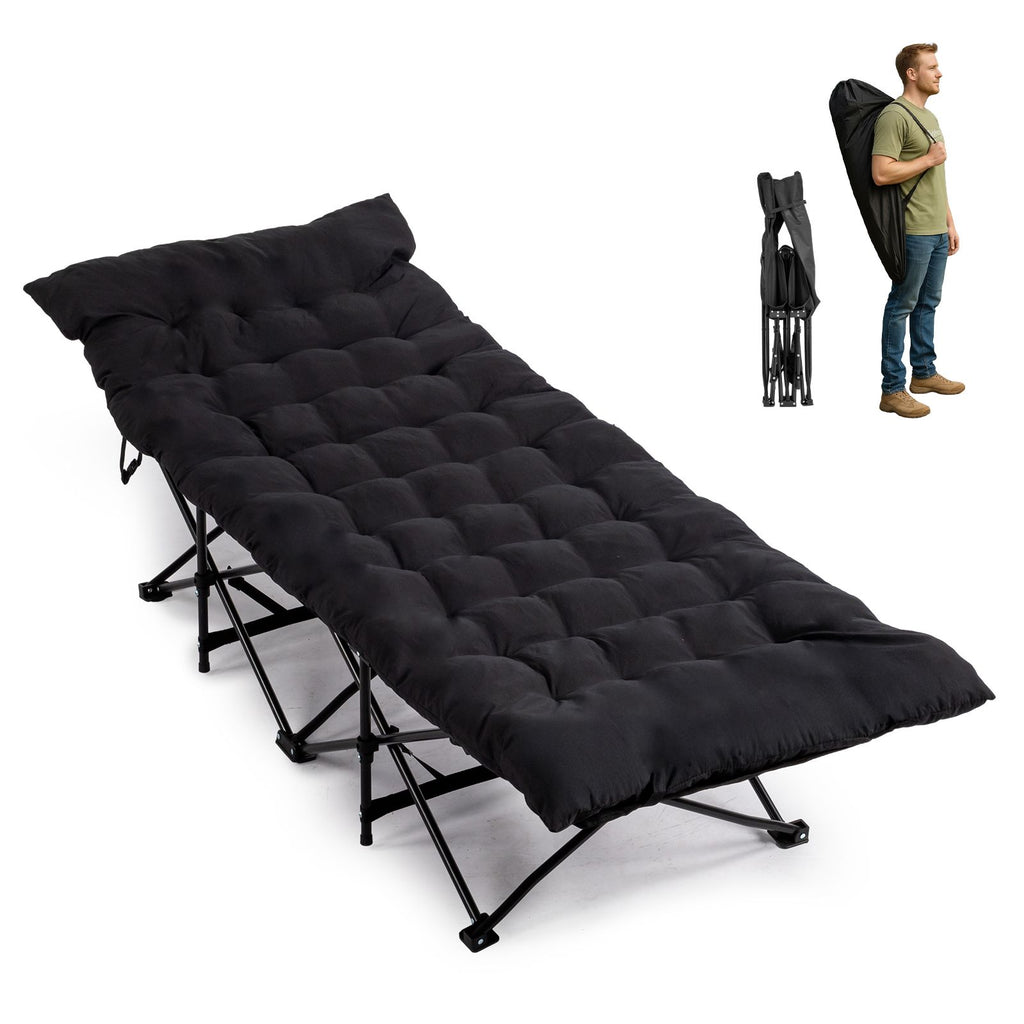 Folding Camping Cot Bed with Soft Pad, Portable Outdoor Cot, Adults Sleeping Bed for Home Office Nap Beach Travel, Black