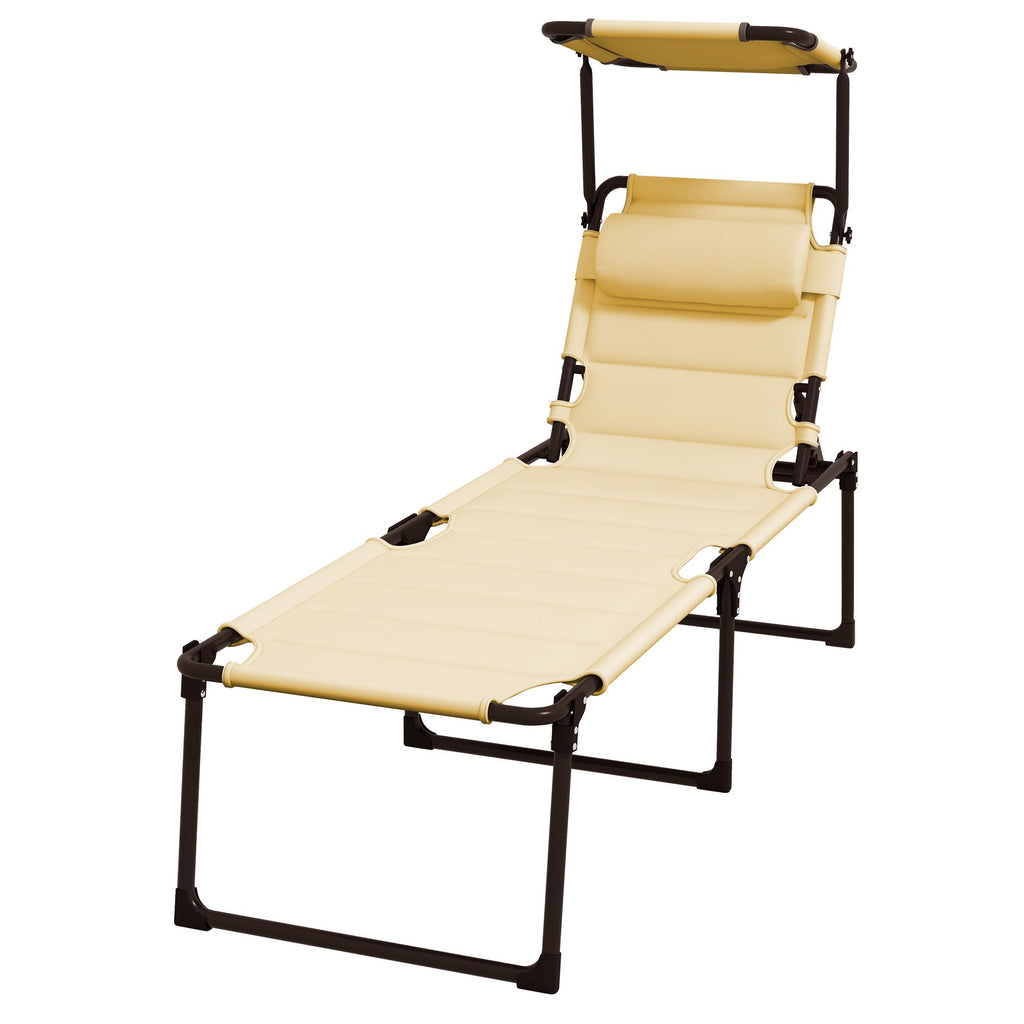 Folding Chaise Lounge Chair Cream with Adjustable Backrest Sun Roof and Head Pillow