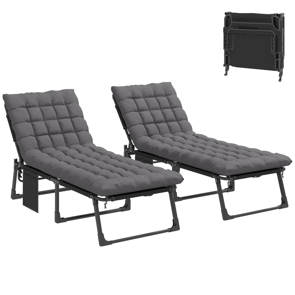 Folding Chaise Lounge Chair Outdoor Tanning Chair Set of 2 with 5-Position Backrest, Cushions, Side Pocket, Dark Gray