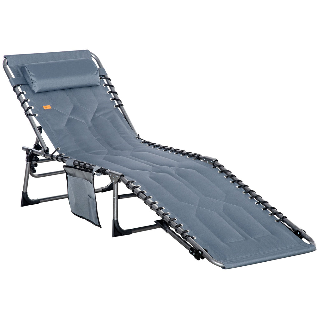 Folding Chaise Lounge Chair, Padded Reclining Chair with 5-position Backrest, Pillow and Pocket for Deck, Beach, Lawn and Sunbathing, Grey