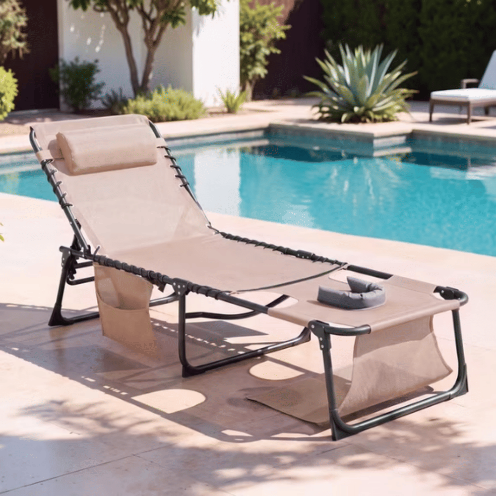 Folding Chaise Lounge Chair with Face HoleforTanning, 5-Position Adjustable Textilene Outdoor Sunbathing Chair, Face Down Patio Pool Lounge Chair with Side Pocket & Pillow, Beige