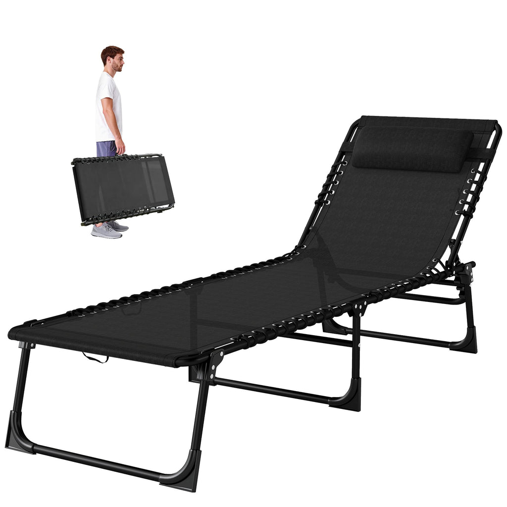 Folding Chaise Lounge Pool Chair with 4-Position Reclining Back, Pillow, Breathable Mesh & Bungee Seat, Black