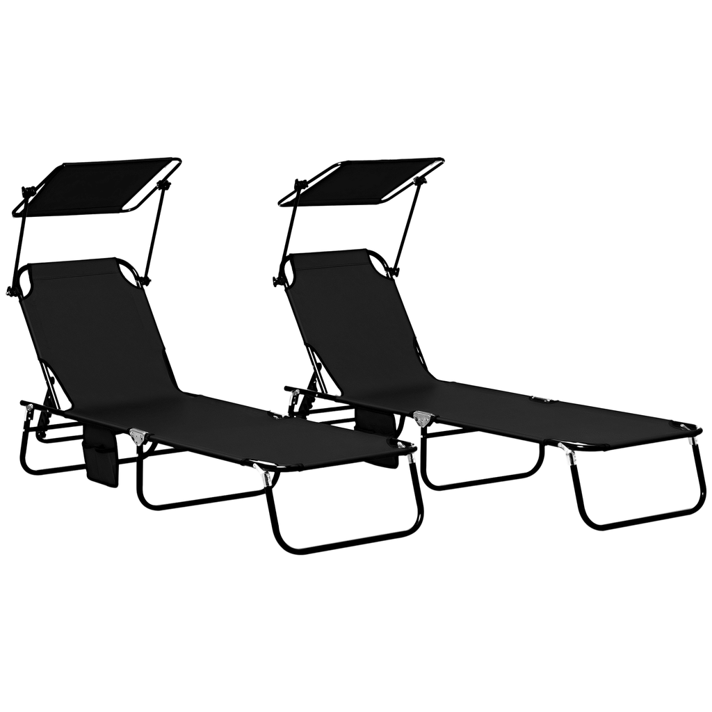 Folding Chaise Lounge Pool Lounge Chairs Set of 2, Outdoor Sun Tanning Chairs with Canopy Shade, Reclining Back, Steel Frame and Side Pocket for Beach, Yard, Patio, Black