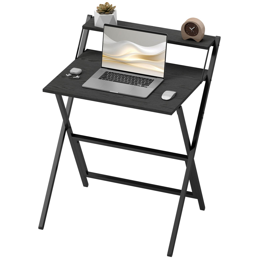 Folding Computer Desk, 27.6" Foldable Desk with Monitor Shelf for Small Space, Home Office, Study, Easy Assembly, Black